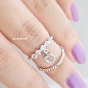Double Lined CZ Heart Knuckle ring, Open adjustable ring, Midi ring, Heart ring