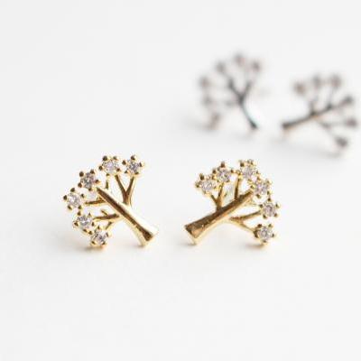 CZ Tree stud earrings in gold, Tree earrings, Simple, Minimal