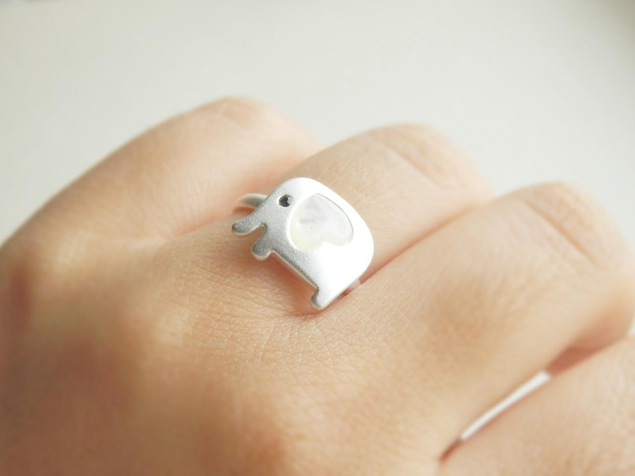 Elephant Open Adjustable Ring, Animal Ring, Heart Ring, Mother Of Pearl